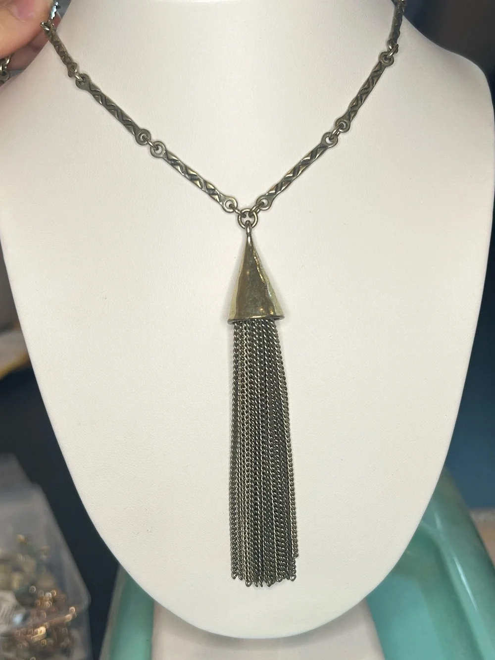Lucky Brand Antique Brass Cone Tassel Fringe Pendant Boho Statement Necklace